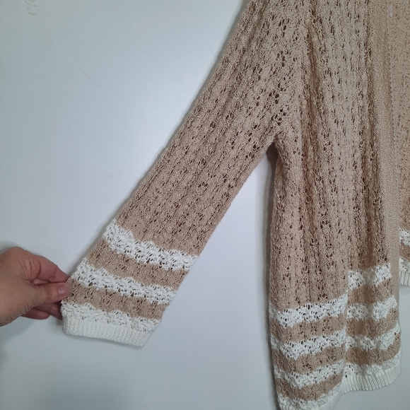 89th & Madison Open Knit Open Front Drape Cardigan Beige White Womens Size Large - Picture 4 of 12